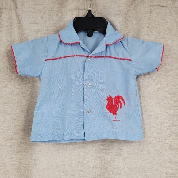Fawn Fashions Vintage 40s or 50s Infant Shirt Blue with Red Polka-dot Rooster - Picture 2 of 8